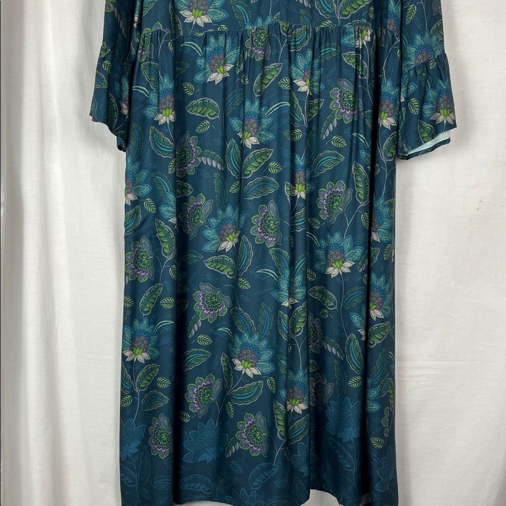 J. Jill Blue and Green Floral Ruffled Midi Dress with Bell Sleeves - Picture 2 of 7